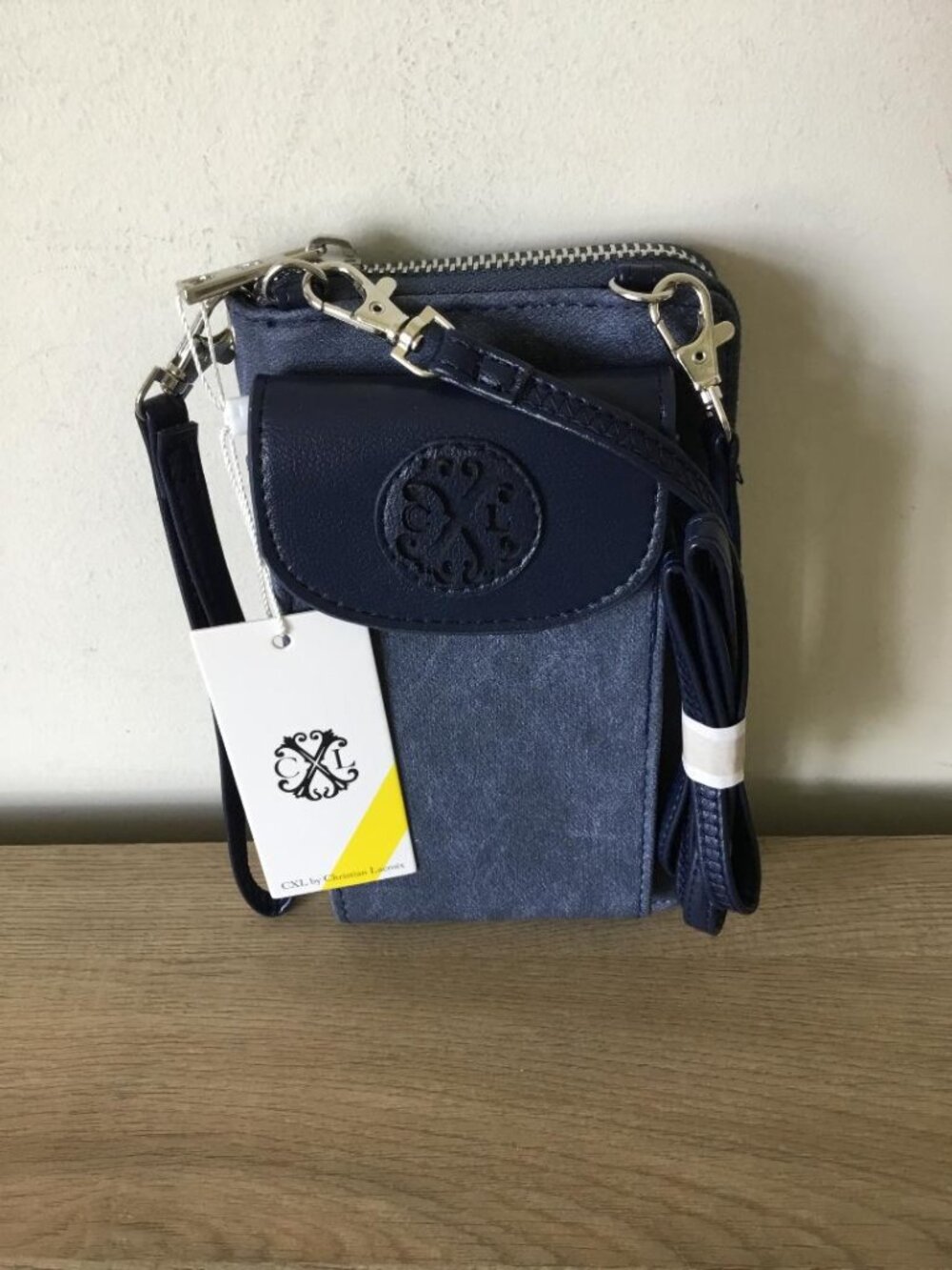 CXL by Christian Lacroix Phia Denim Crossbody Phone Bag Wristlet, Logo Patch NWT